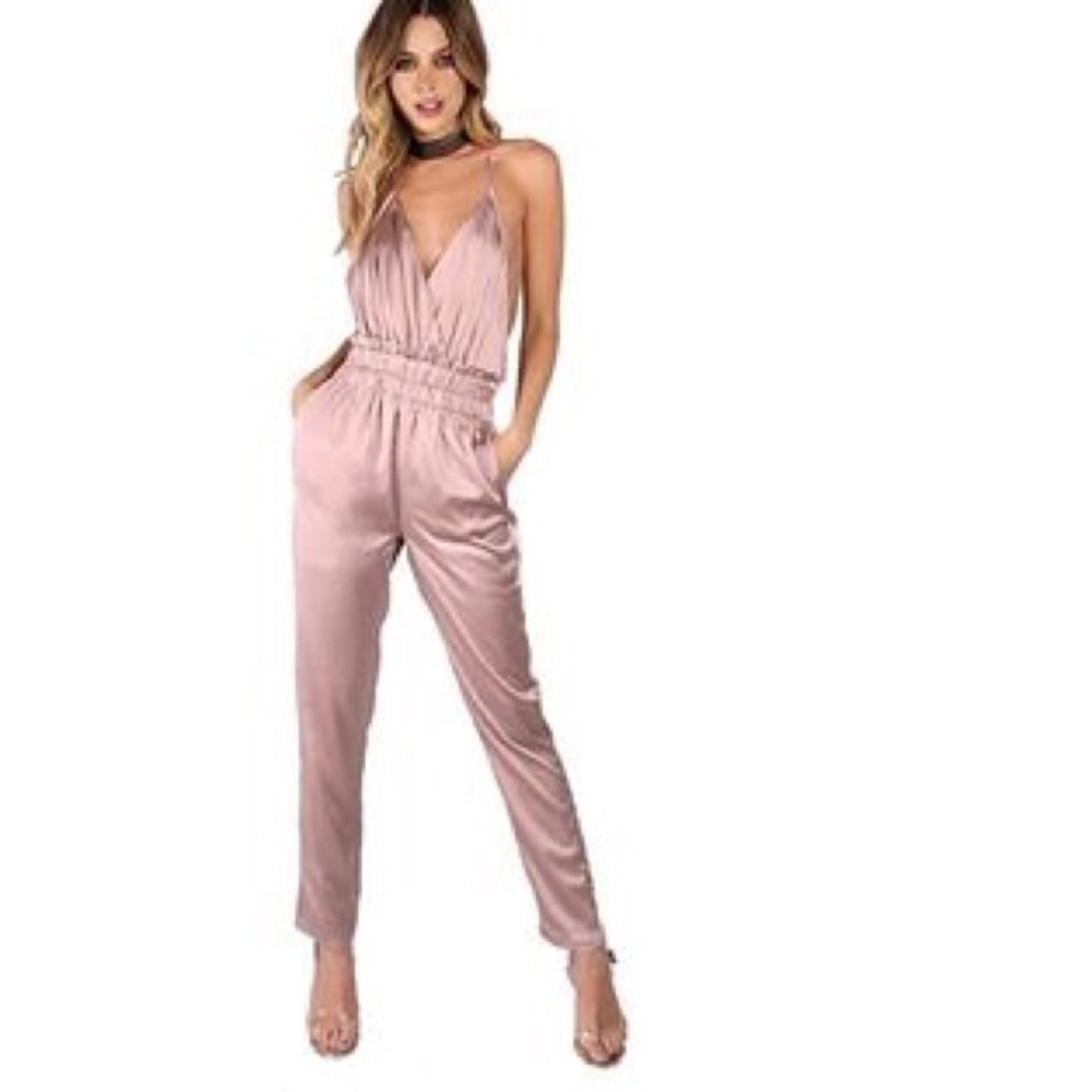 Low Back Cross Back Pink Satin Jumpsuit